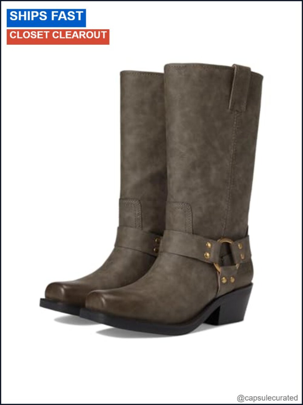Frye Lorrie Harness Vegan Leather Mid-Calf Motorcycle Boots Square Toe